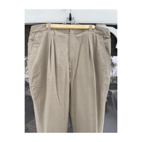 90s Izod Lacoste Tan Chinos Trousers Pleat Front Flannel Plaid Lining Cotton - Picture 7 of 8